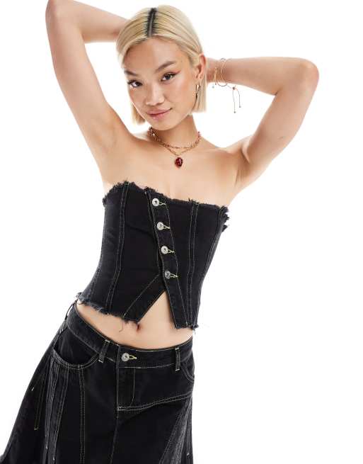 COLLUSION asymmetric denim seam detail festival bandeau in black - part of a set