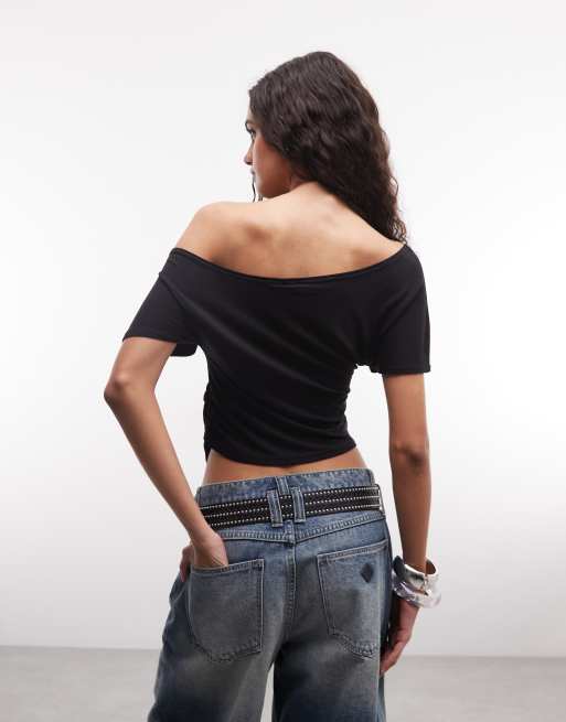 COLLUSION asymmetric drapey off-shoulder top in black, 4 of 4