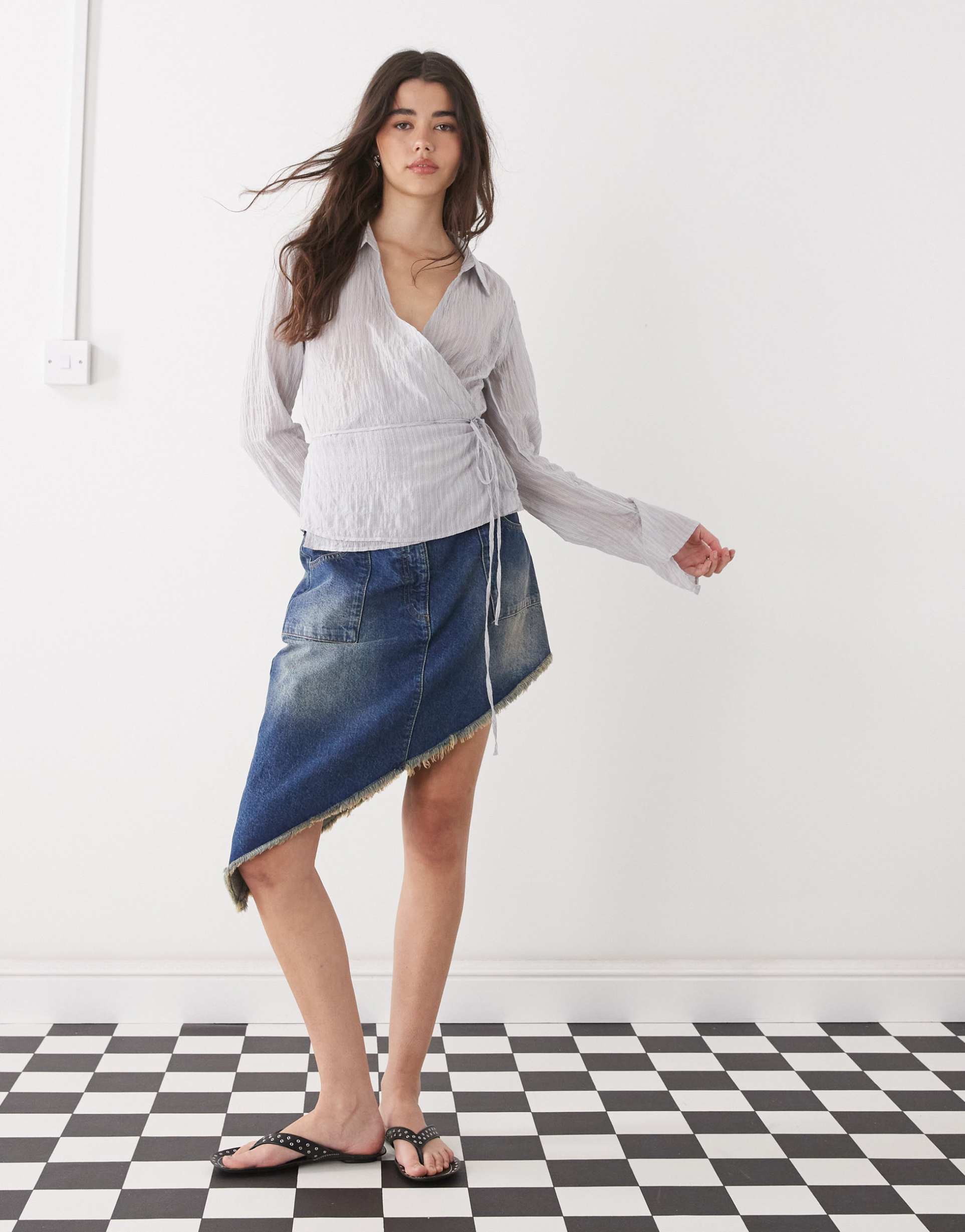 collusion asymmetric festival midi skirt in vintage wash