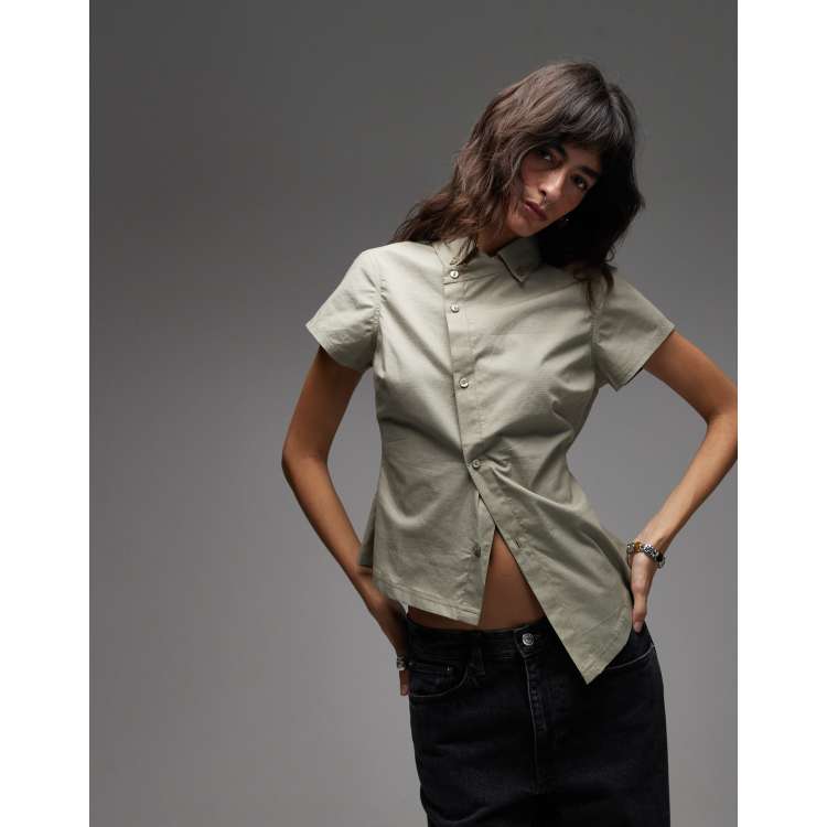 COLLUSION asymmetric hem fitted shirt in khaki green | ASOS