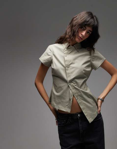 COLLUSION asymmetric hem fitted shirt in khaki - view 1