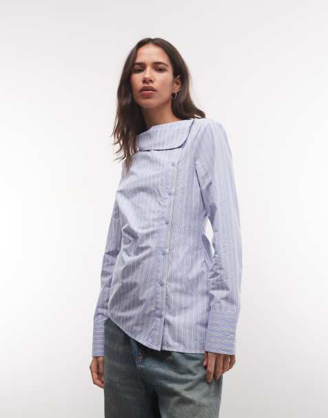 COLLUSION asymmetric hem long sleeve shirt in blue stripe - view 1