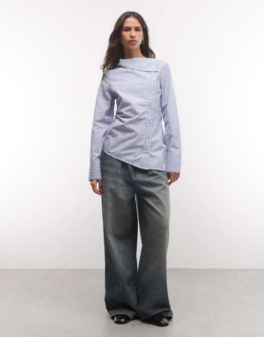 COLLUSION asymmetric hem long sleeve shirt in blue stripe, 2 of 4