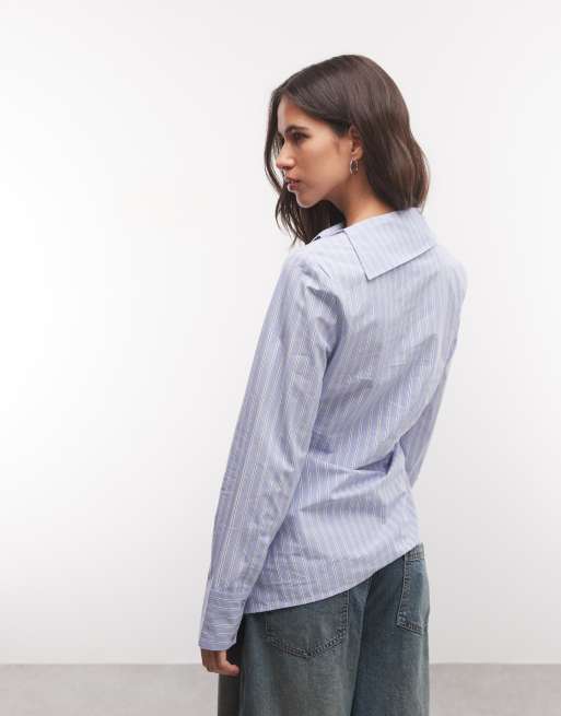 COLLUSION asymmetric hem long sleeve shirt in blue stripe, 3 of 4