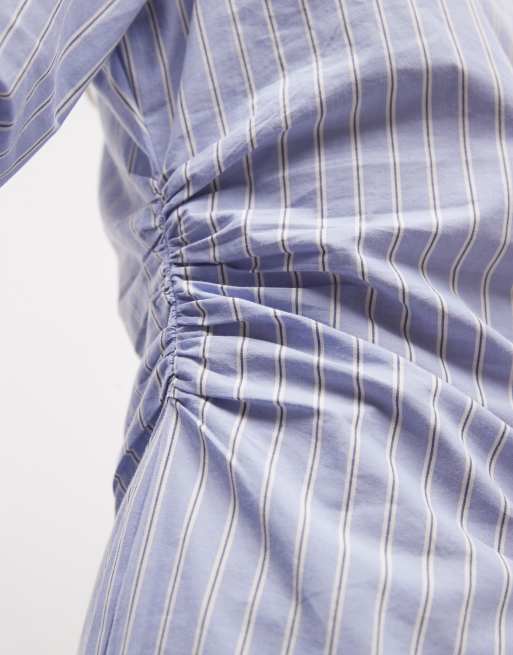 COLLUSION asymmetric hem long sleeve shirt in blue stripe, 4 of 4