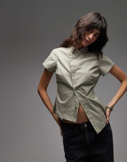 COLLUSION asymmetric hem stripe fitted shirt in khaki