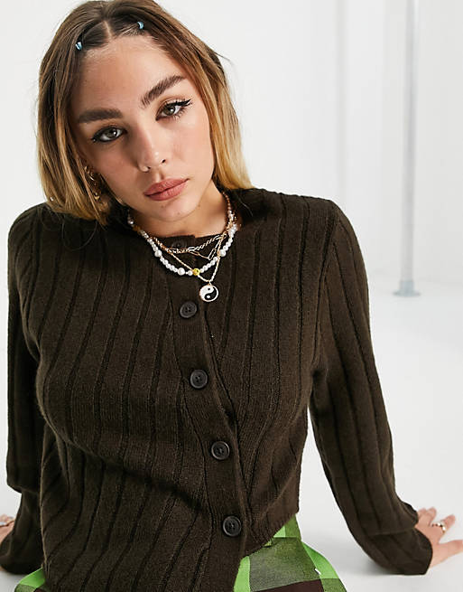  COLLUSION asymmetric knitted ribbed cardigan in brown 