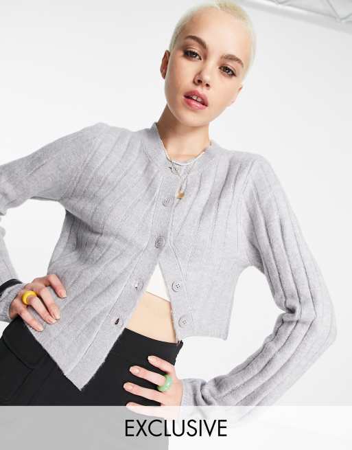 COLLUSION asymmetric knitted ribbed cardigan in grey ASOS