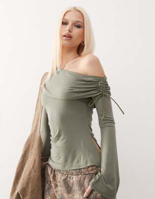 asymmetric long sleeve bow detail top in khaki-Green