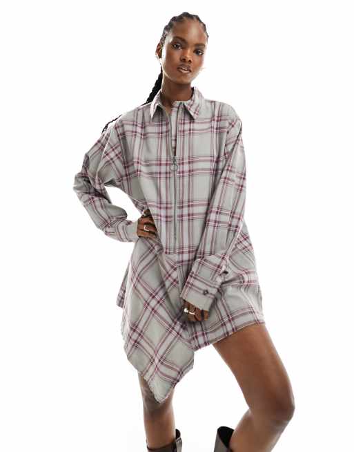 COLLUSION asymmetric mini shirt dress in grey check
