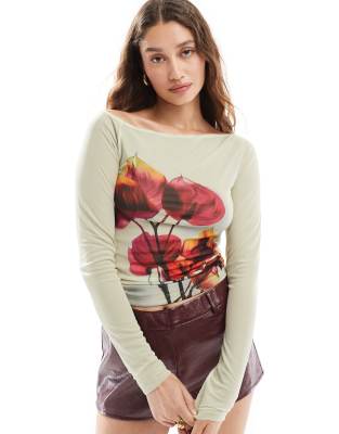 Collusion Asymmetric Off Shoulder Slinky Top With Floral Print-brown