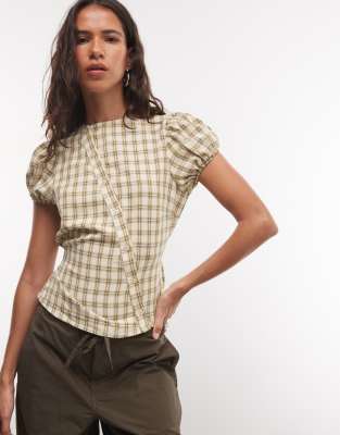 Collusion Asymmetric Placket Shirt With Puff Sleeve In Yellow