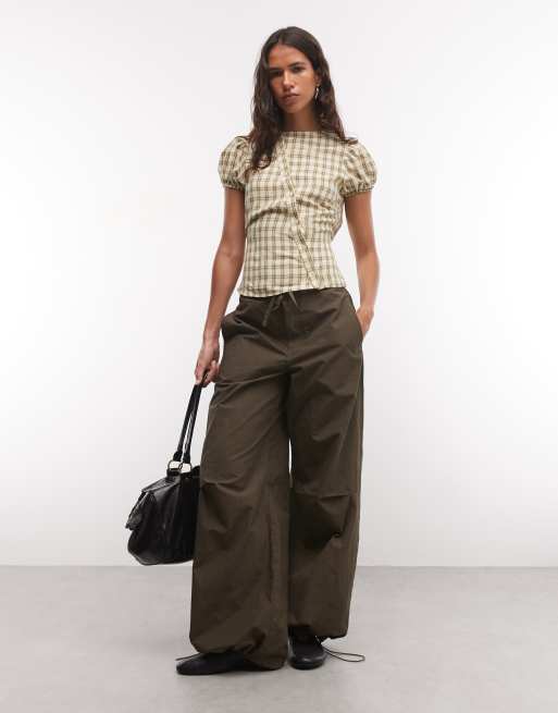 COLLUSION asymmetric placket shirt with puff sleeve in yellow check, 2 of 4