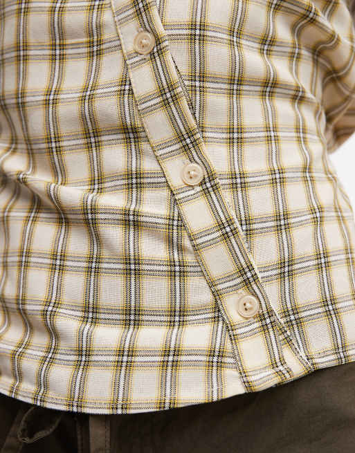 COLLUSION asymmetric placket shirt with puff sleeve in yellow check, 3 of 4