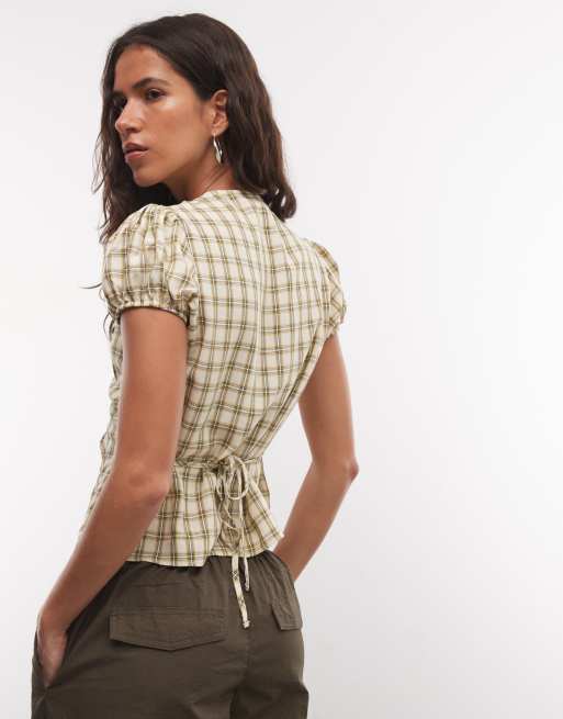 COLLUSION asymmetric placket shirt with puff sleeve in yellow check, 4 of 4