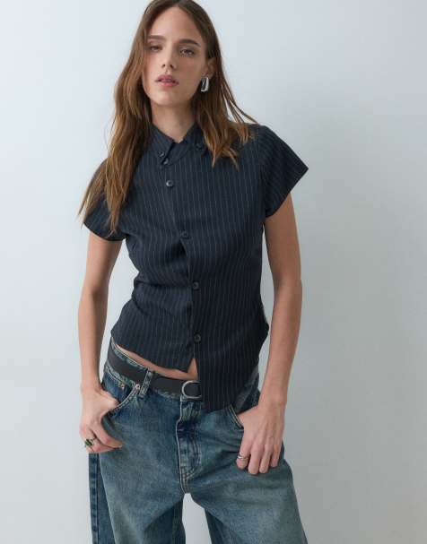 COLLUSION asymmetric shirt in navy pinstripe - view 1