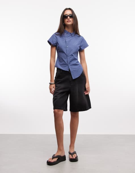 COLLUSION asymmetric short sleeve shirt in blue check - view 1