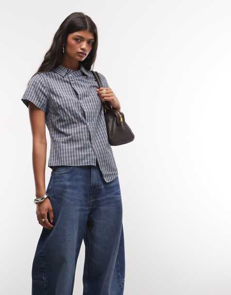 COLLUSION asymmetric short sleeve shirt in blue check - view 1