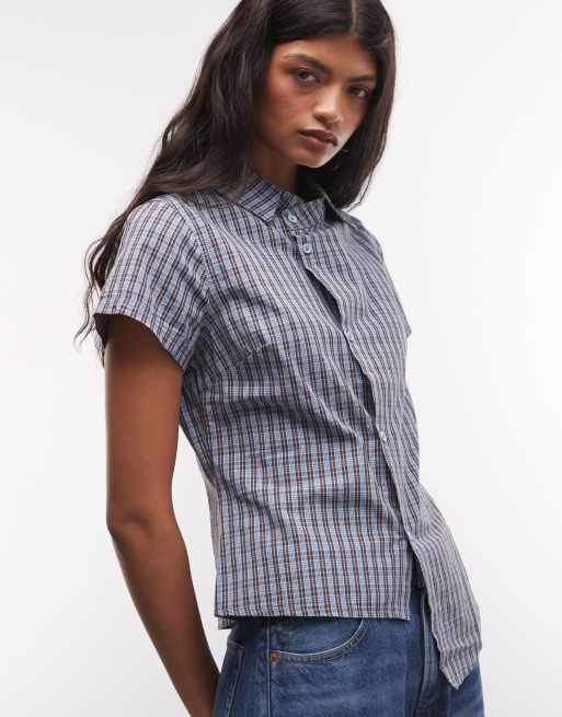 COLLUSION asymmetric short sleeve shirt in blue check, 3 of 4