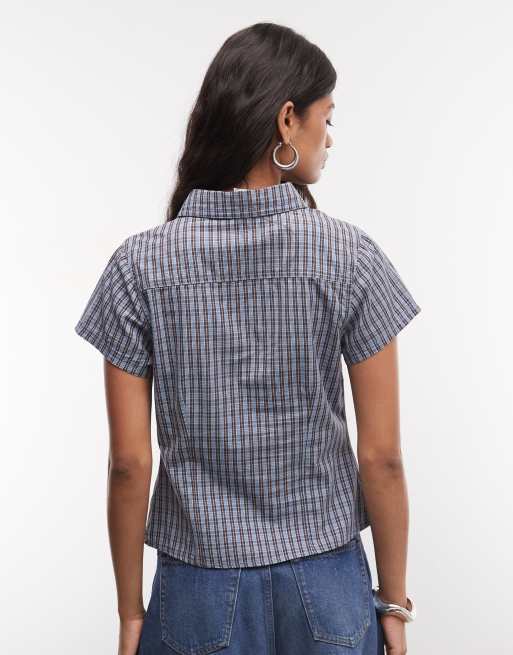 COLLUSION asymmetric short sleeve shirt in blue check, 4 of 4