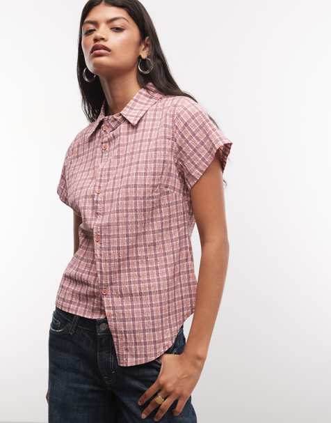 COLLUSION asymmetric short sleeve shirt in pink check - view 1