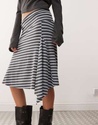 Collusion Asymmetric Stripe Midi Skirt In Gray