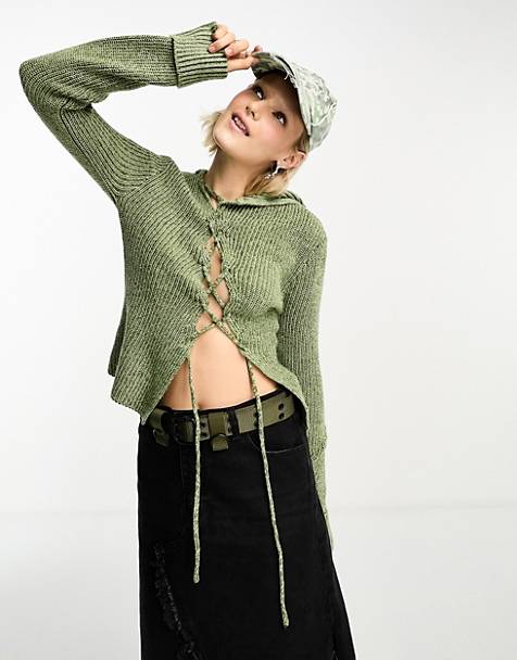 COLLUSION asymmetric tie up jumper in green marl