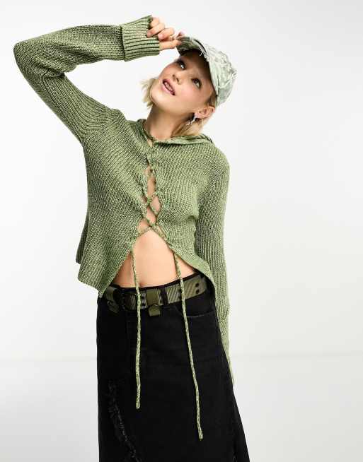 COLLUSION asymmetric tie up sweater in green heather