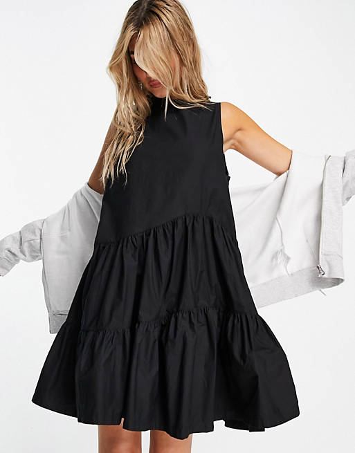 Dresses COLLUSION asymmetric tiered mini smock dress in black 