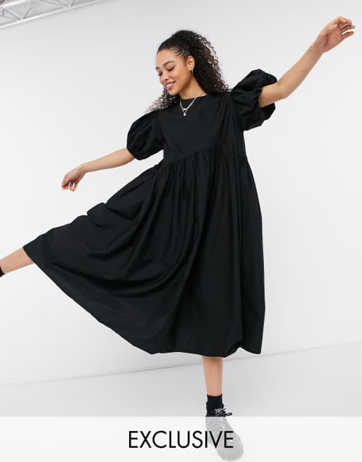 COLLUSION asymmetric waist midi smock dress in black