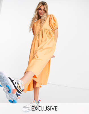 COLLUSION asymmetric waist midi smock dress in orange