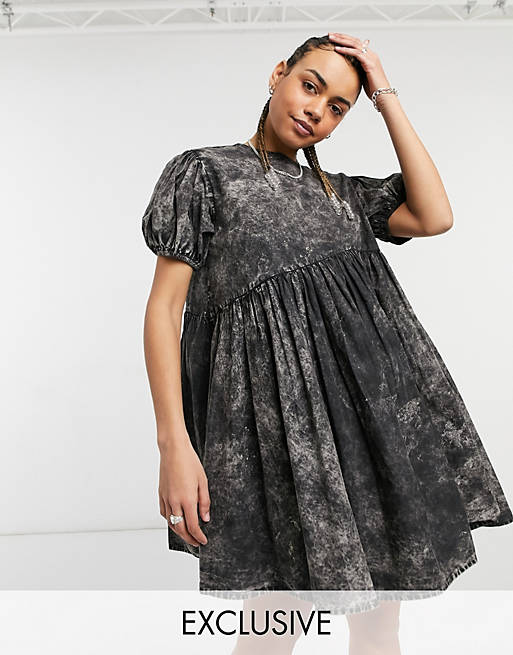 COLLUSION asymmetric waist mini smock dress in washed black
