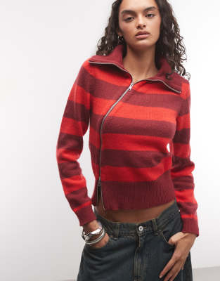 Collusion Asymmetric Zip-front Knitted Sweater In Red