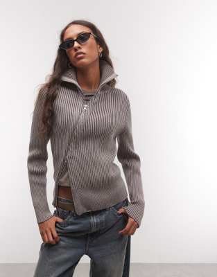 COLLUSION asymmetric zip through knitted plated sweater in gray