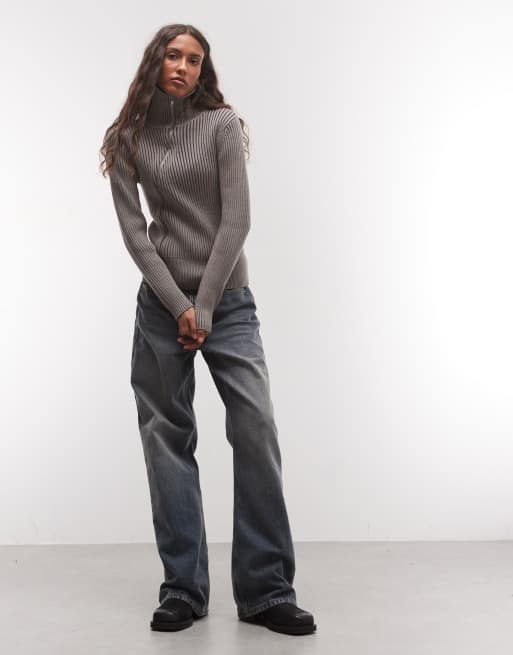 COLLUSION asymmetric zip through knitted plated sweater in gray, 2 of 4