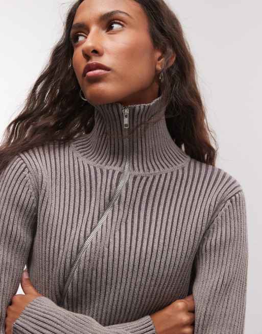 COLLUSION asymmetric zip through knitted plated sweater in gray, 3 of 4