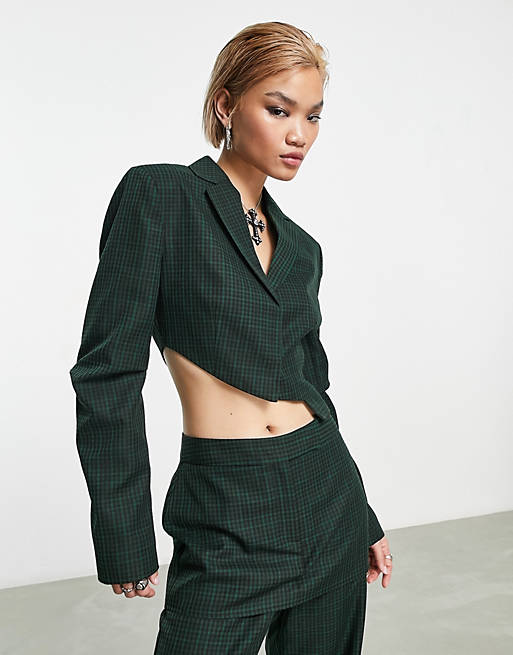 COLLUSION asymmetrical jacket in dark micro check (part of a set) 