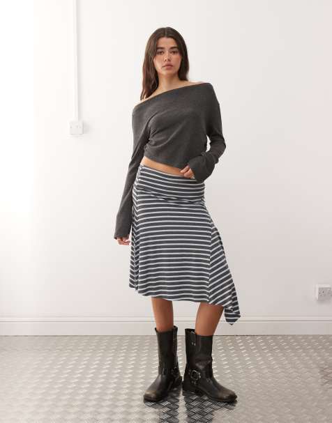 COLLUSION asymmetrical stripe midi skirt in grey - view 1