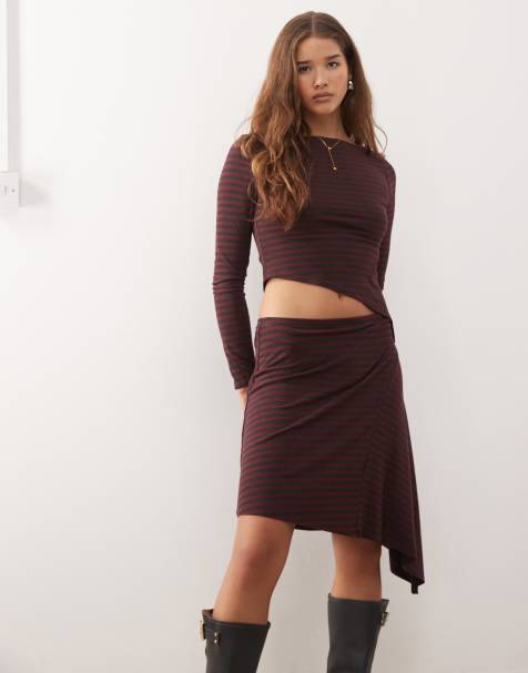 COLLUSION asymmetrical striped top in spliced burgundy - view 1