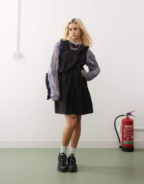 COLLUSION - Asymmetrische mini-smockjurk met ruches in zwart - view 1