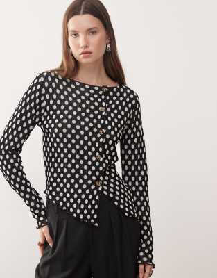 COLLUSION - Asymmetrische Strickjacke mit Polka Dots und U-Boot-Ausschnitt-Schwarz