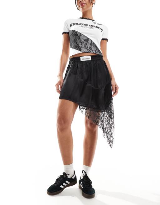 COLLUSION – Asymmetrischer Minirock aus Satin in Schwarz mit Spitzen-Jacquard-Mix