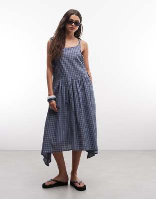 Asymmetrisches Maxikleid in kariertem Blau mit seitlicher Schnürung Blau 42