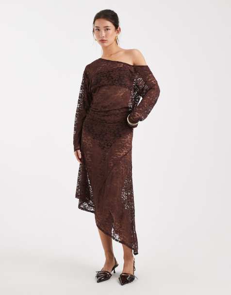 COLLUSION awkward length lace skirt in chocolate brown - view 1