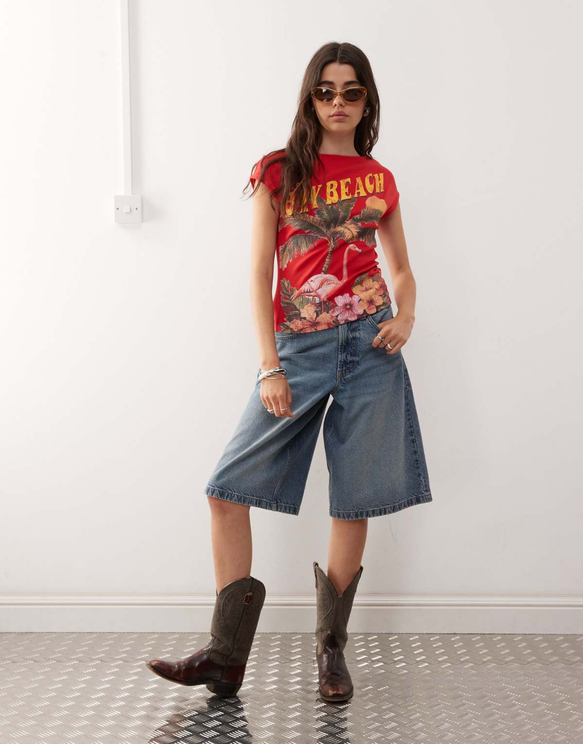 COLLUSION baby tee in red bay beach print in red