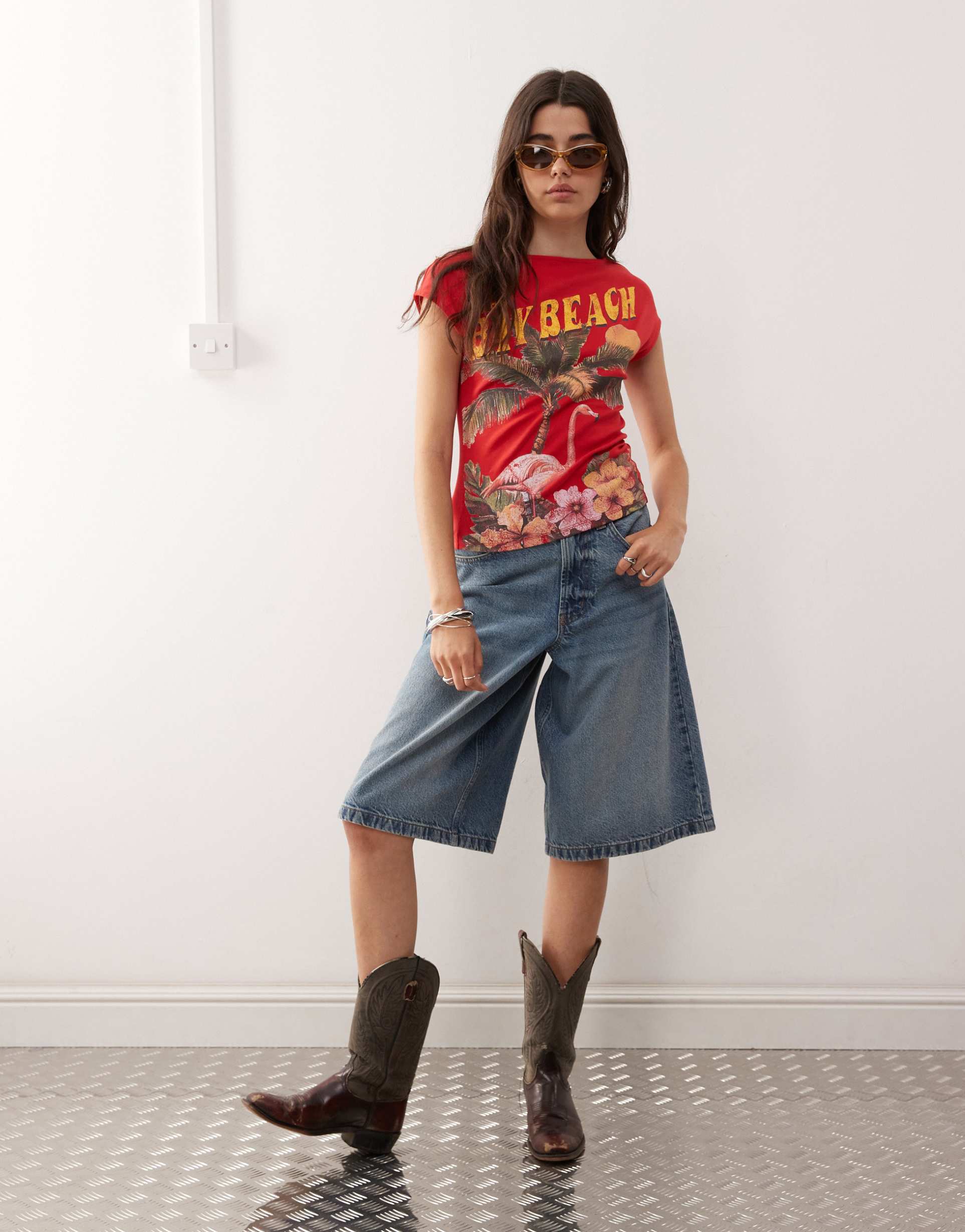 collusion baby tee in red bay beach print in red