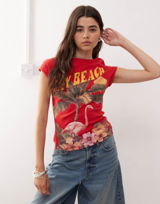 COLLUSION baby tee in red bay beach print in red, 3 of 4