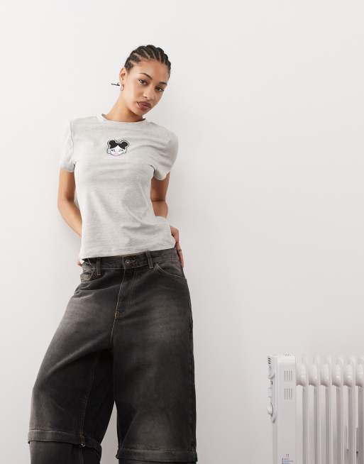 COLLUSION baby tee with bubblegum girl graphic in grey, 4 of 4