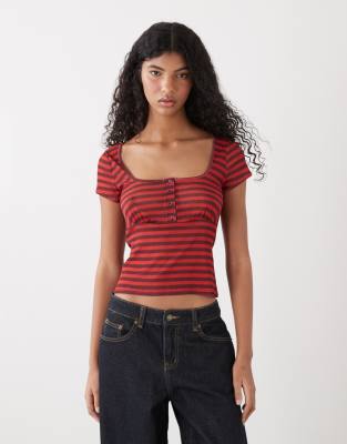 Collusion Babydoll Henley Top In Red