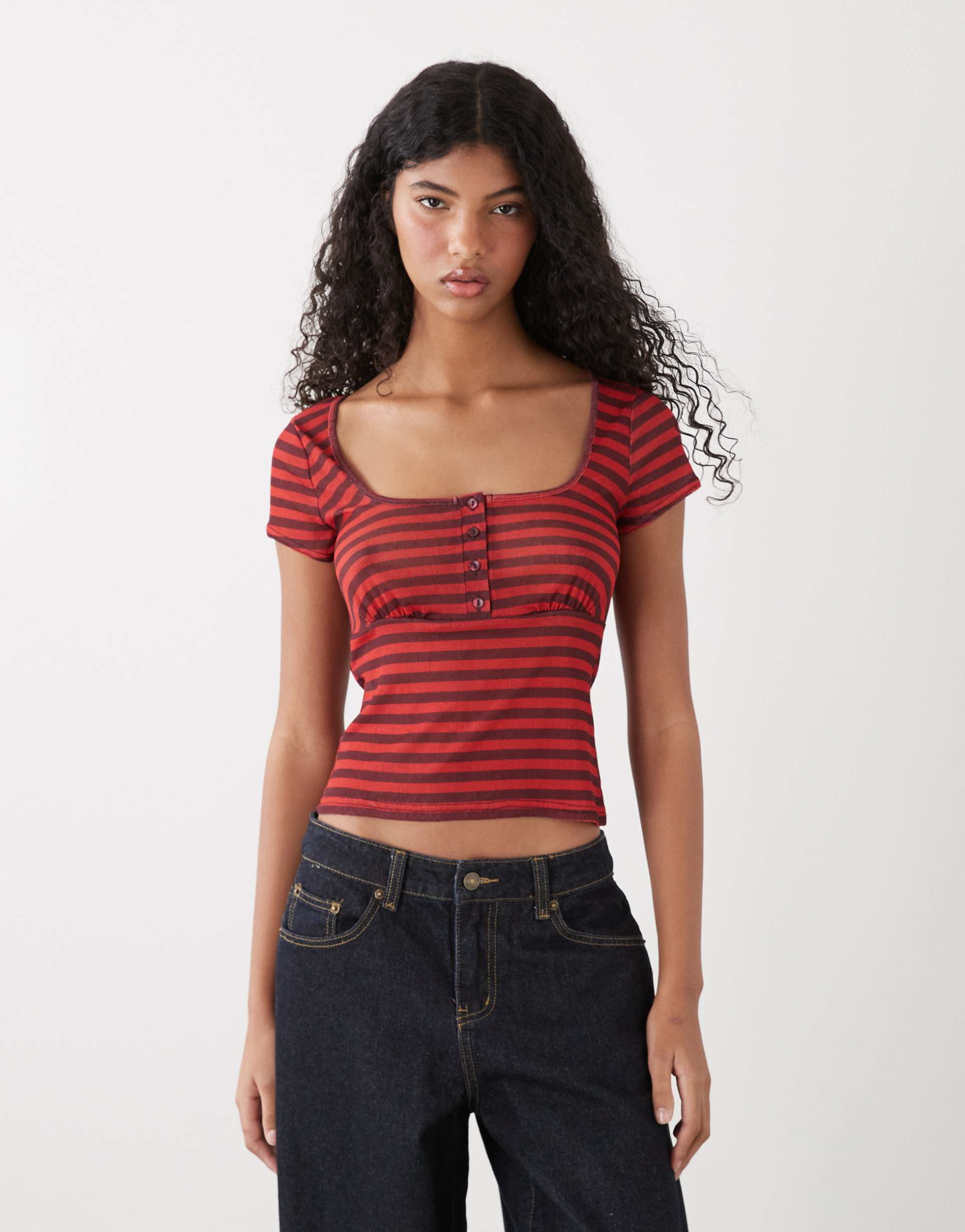 collusion babydoll henley top in red and black stripe